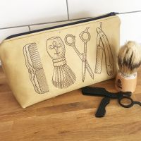 Upcycled leather embroidered mens costmetics bag