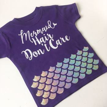 Mermaid hair don't care holographic children's T shirt 