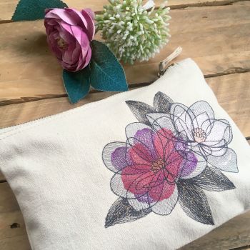  Embroidered magnolia flower zip bag document pouch