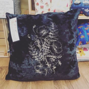 Blue crushed velvet wild flower embroidered cushion 