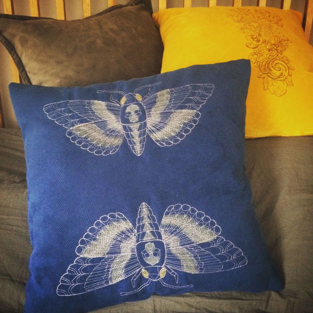 Deaths head hawk moth embroidered cushion cover