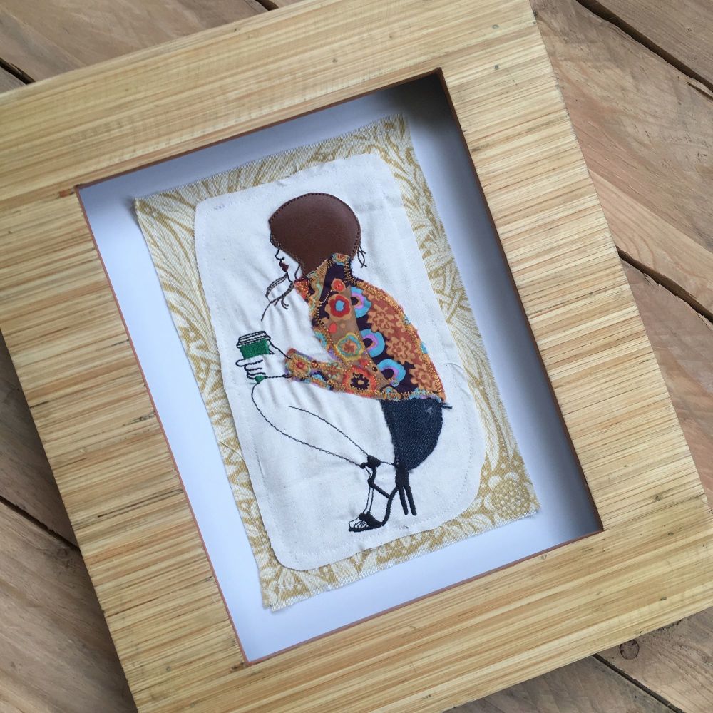 Coffee Girl  ready to frame embroidered  wall art 