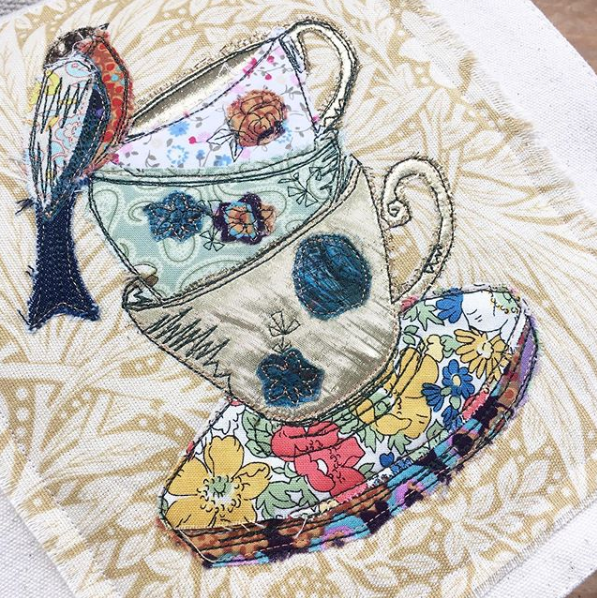 Vintage style tea cups embroidered fair trade messenger bag