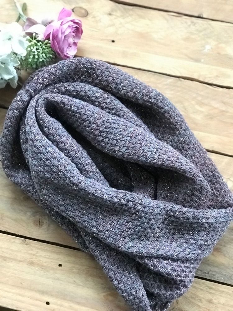Knitted grey & pink shimmer infinity scarf