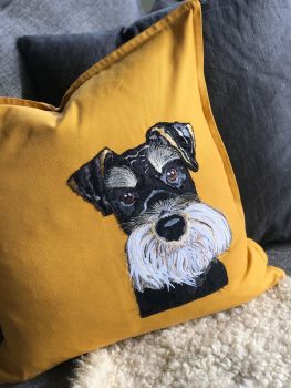   Schnauzer embroidered  and applique pup cushion 
