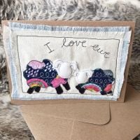 Embroidered I love ewe sheep  greetings card 