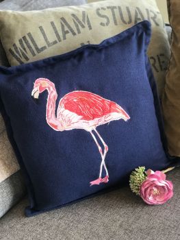 Embroidered and raw edge appliquéd Flamingo cushion 