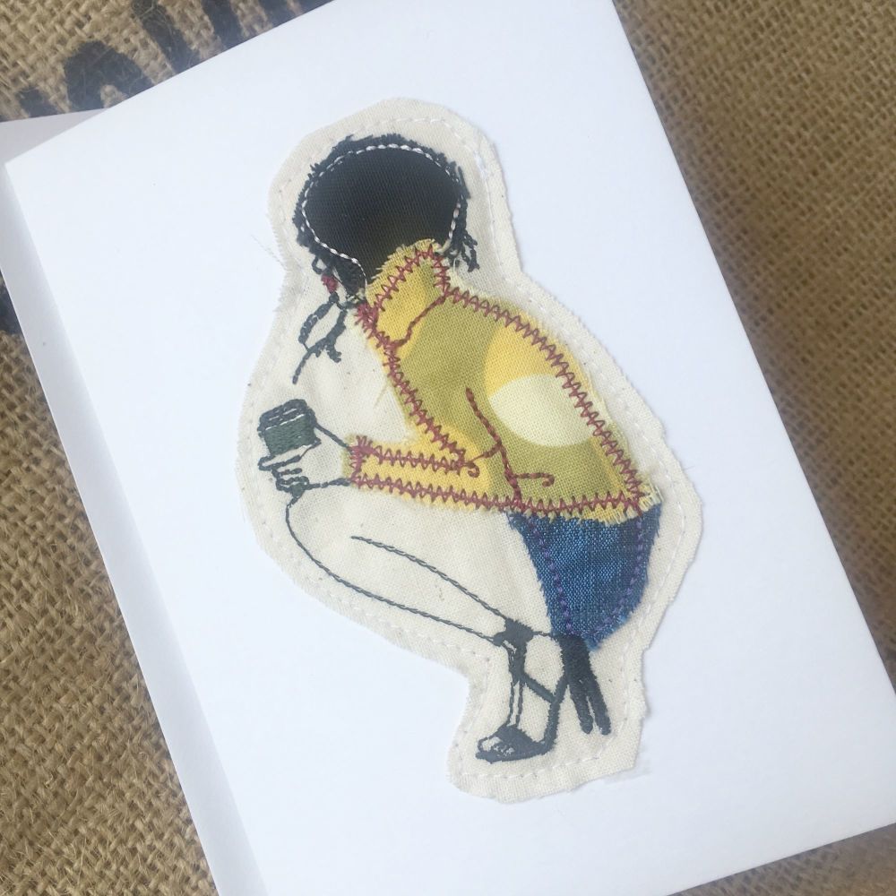 Embroidered Coffee girl  greetings card
