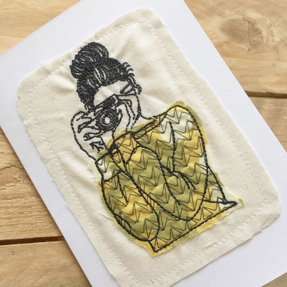 Embroidered Camera girl  greetings card