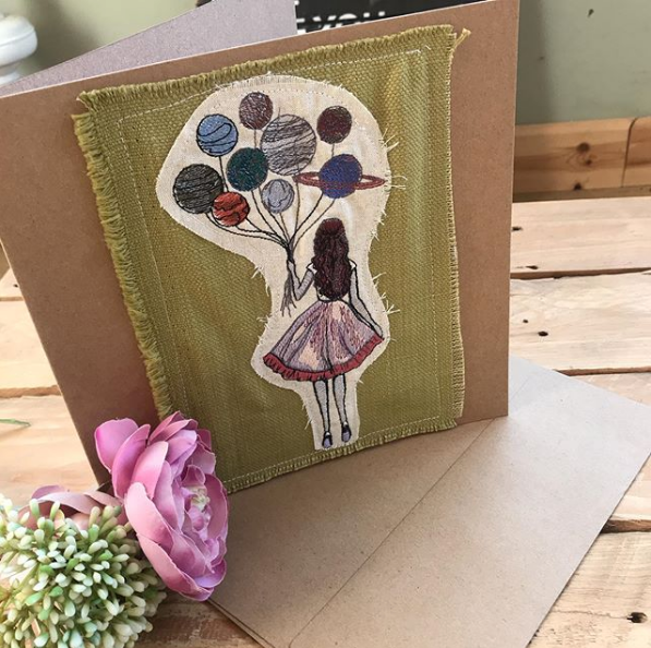 Embroidered Balloon girl  greetings card 