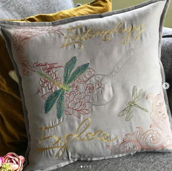 Embroidered dragonfly entomology  cushion 