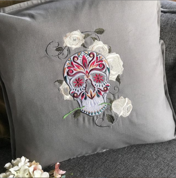 Embroidered sugar skull  cushion 