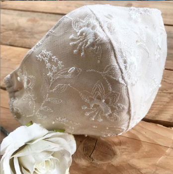 Wedding cream calico lace and beaded face mask with filter pocket