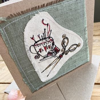 Embroidered pin cushion greetings card 