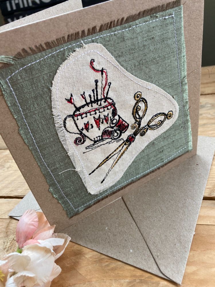 Pin cushion and scissors embroidered greetings card
