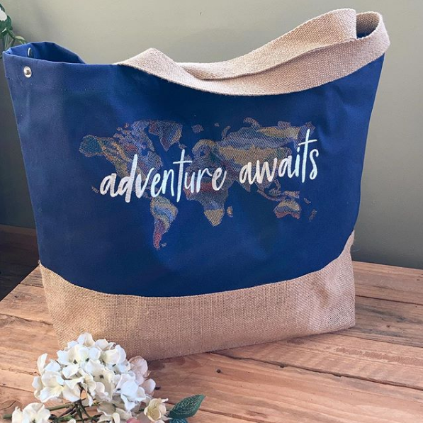 Adventure awaits embroidered canvas shopping bag