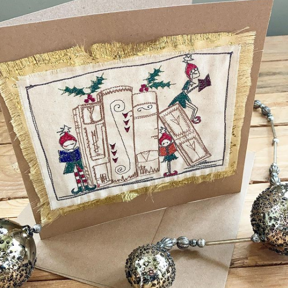 Embroidered Christmas Elf greetings card 