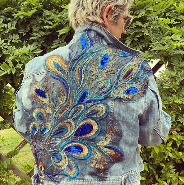 Embroidered peacock feather denim jacket 