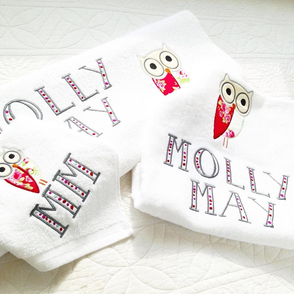 Personalised applique owl new baby towel set