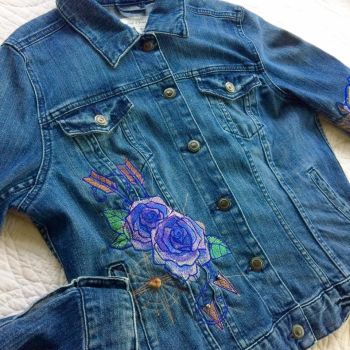 Custom embroidered Bette Midler "The Rose" design denim jacket