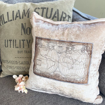 Embroidered steampunk vintage map cushion 