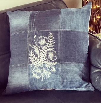 Upcycled denim embroidered flowers cushion cover