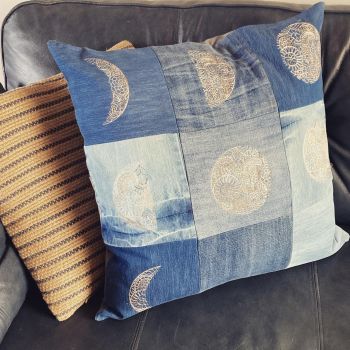 Upcycled denim embroidered luna moon cycle cushion cover