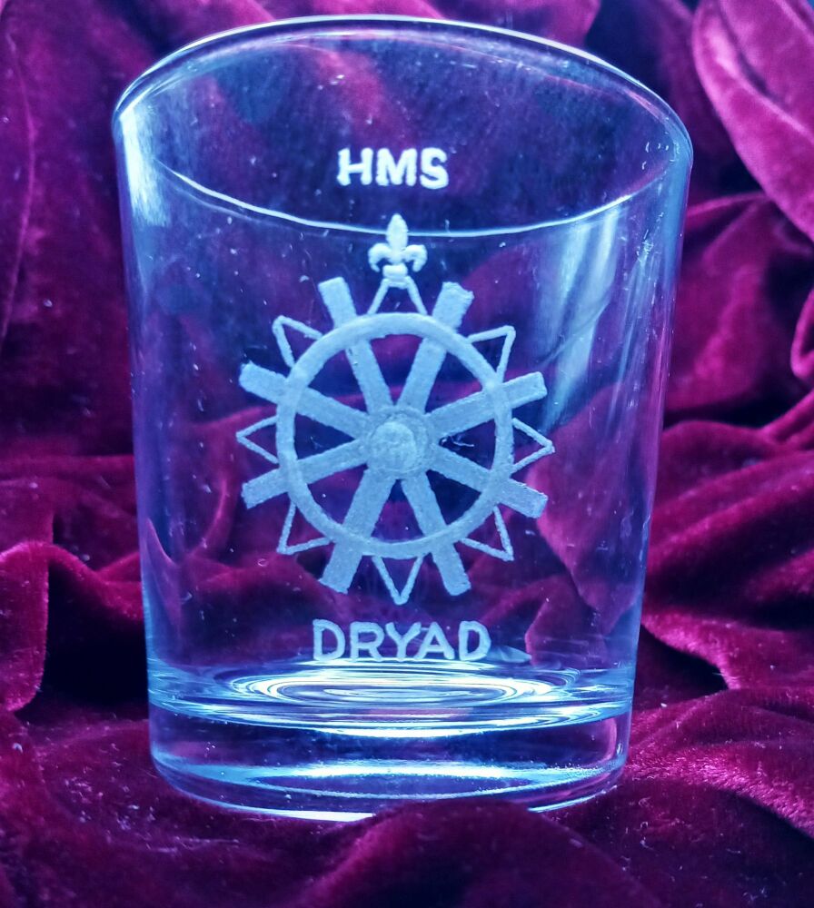 A. Royal Navy ships badge on discontinued mixer glass HMS Dryad