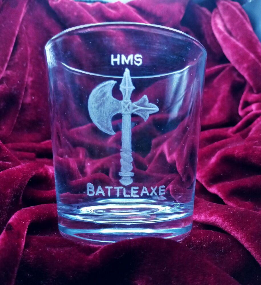 A. Royal Navy ships badge on discontinued mixer glass HMS Battleaxe