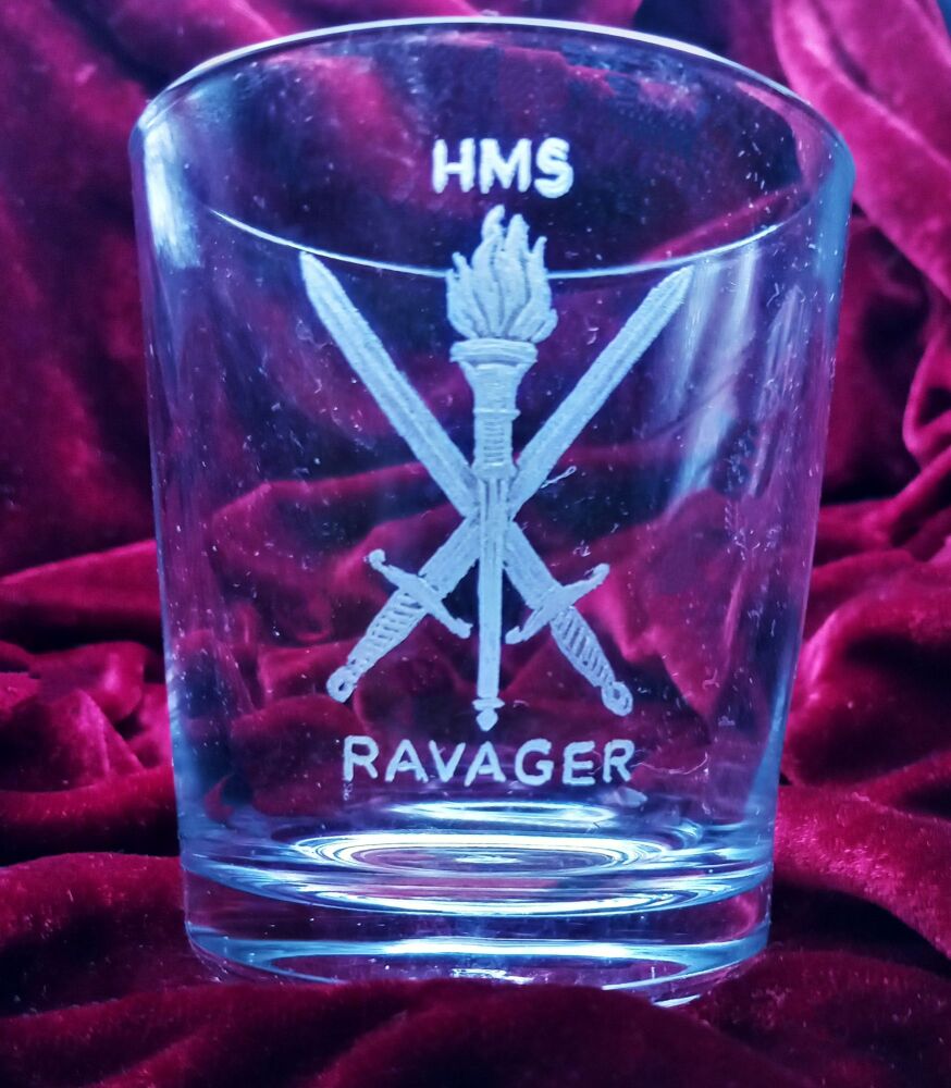 A. Royal Navy ships badge on discontinued mixer glass HMS Ravager