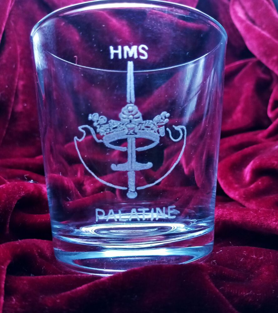 A. Royal Navy ships badge on discontinued mixer glass HMS Palatine