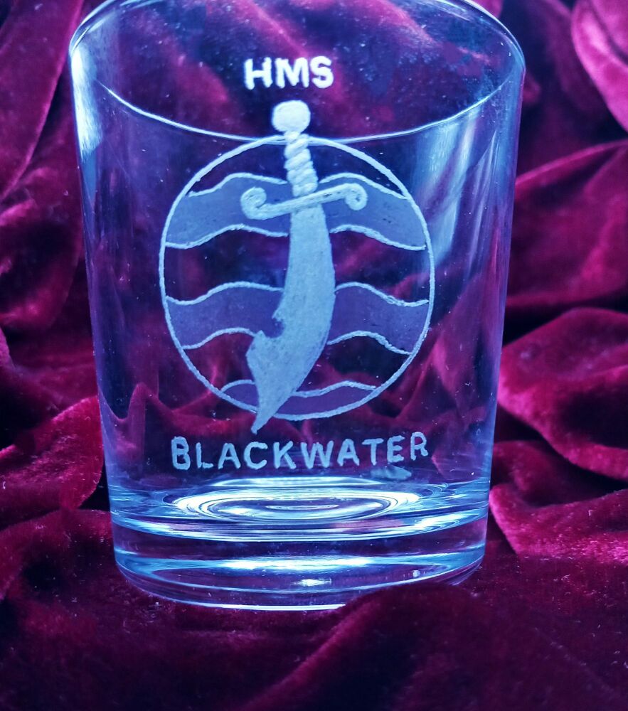 A. Royal Navy ships badge on discontinued mixer glass HMS Blackwater