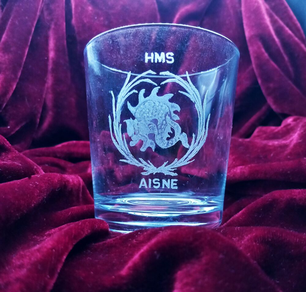 A. Royal Navy ships badge on discontinued mixer glass HMS Aisne