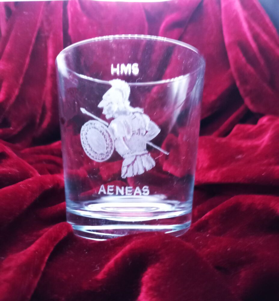 A. Royal Navy ships badge on discontinued mixer glass HMS Aeneas