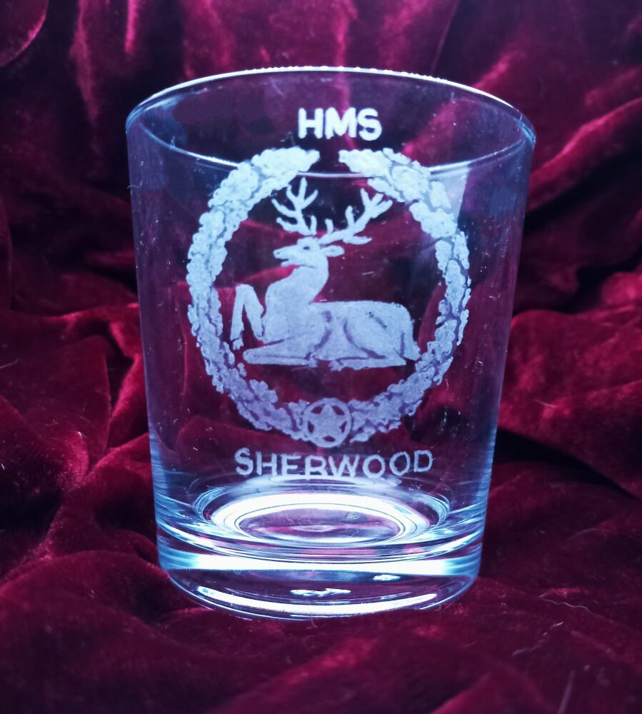 A. Royal Navy ships badge on discontinued mixer glass HMS Sherwood