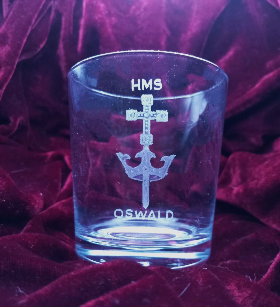 A. Royal Navy ships badge on discontinued mixer glass HMS Oswald