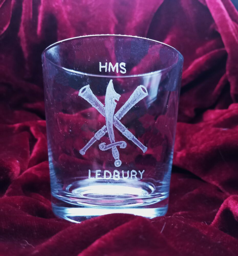 A. Royal Navy ships badge on discontinued mixer glass HMS Leadbury