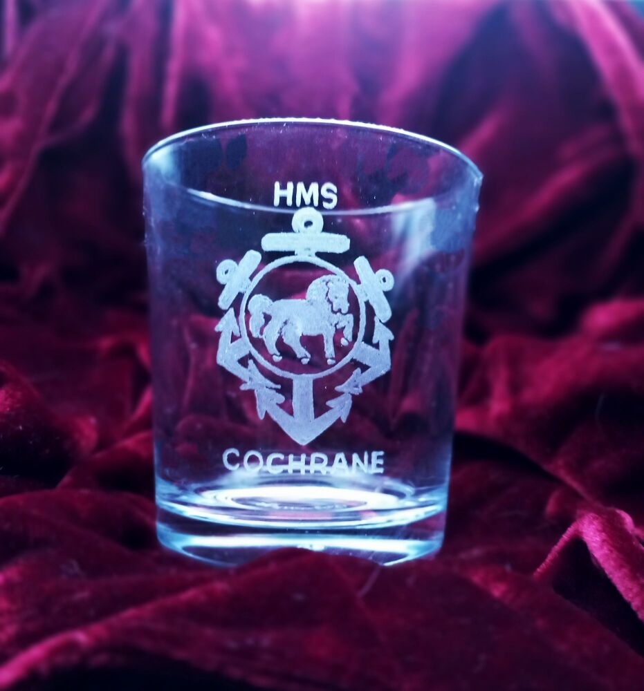 A. Royal Navy ships badge on discontinued mixer glass HMS Cochrane