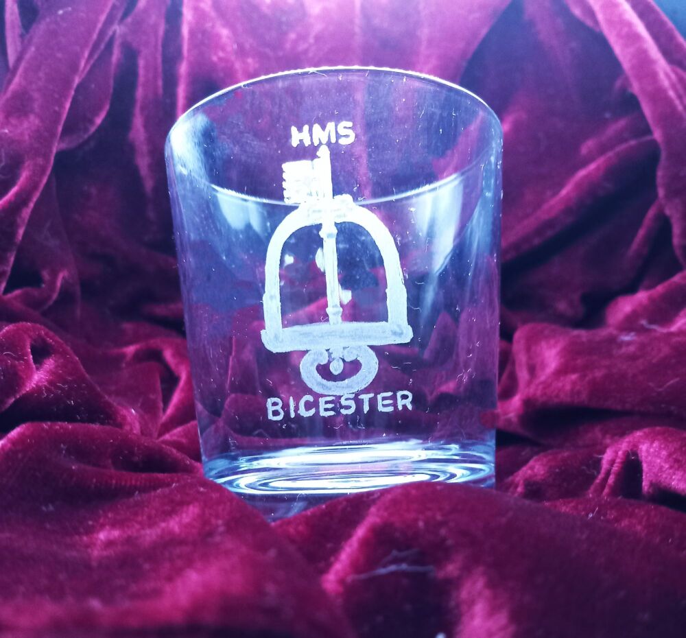 A. Royal Navy ships badge on discontinued mixer glass HMS Bicester
