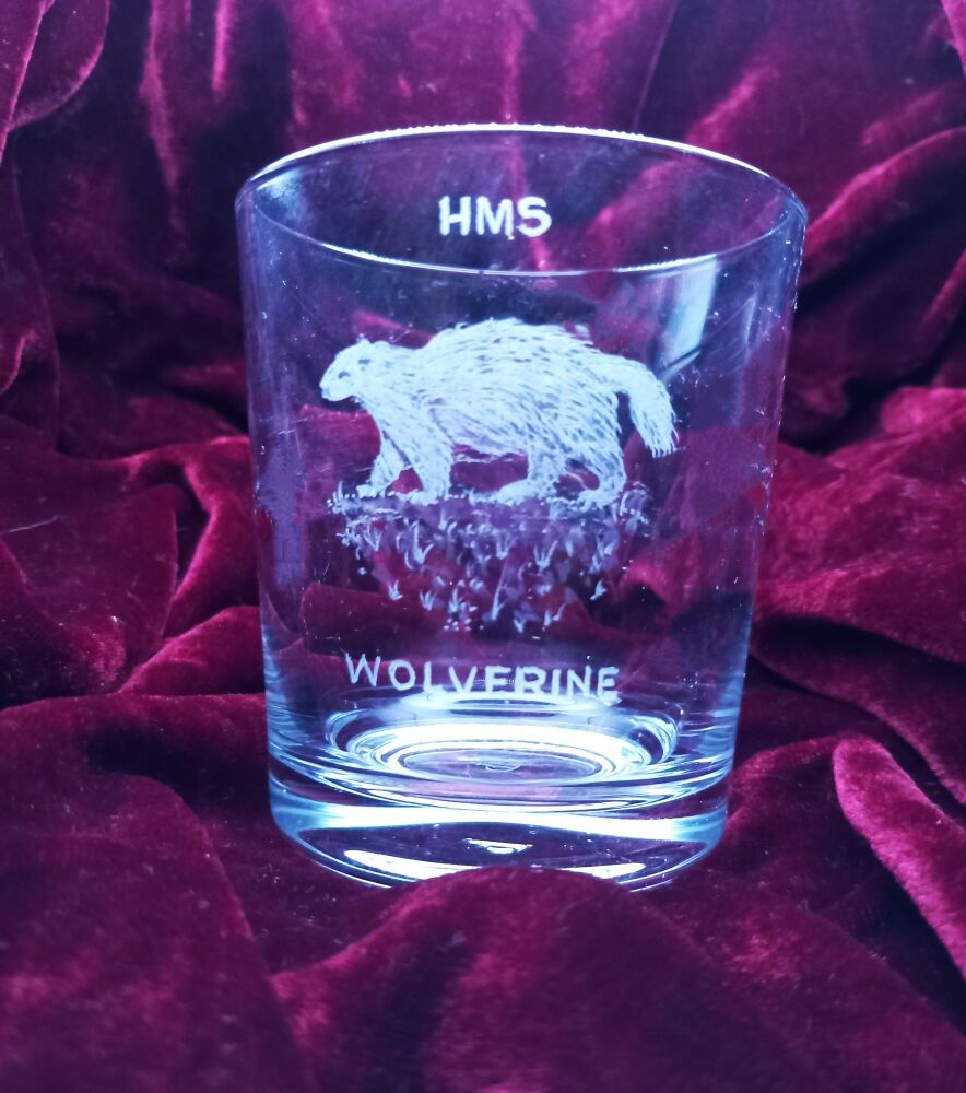 A. Royal Navy ships badge on discontinued mixer glass HMS Wolverine