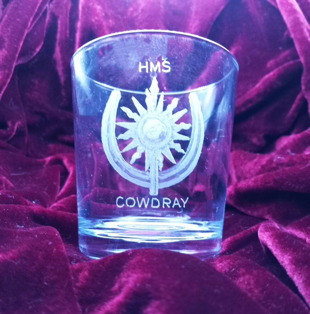 A. Royal Navy ships badge on discontinued mixer glass HMS Cowdray