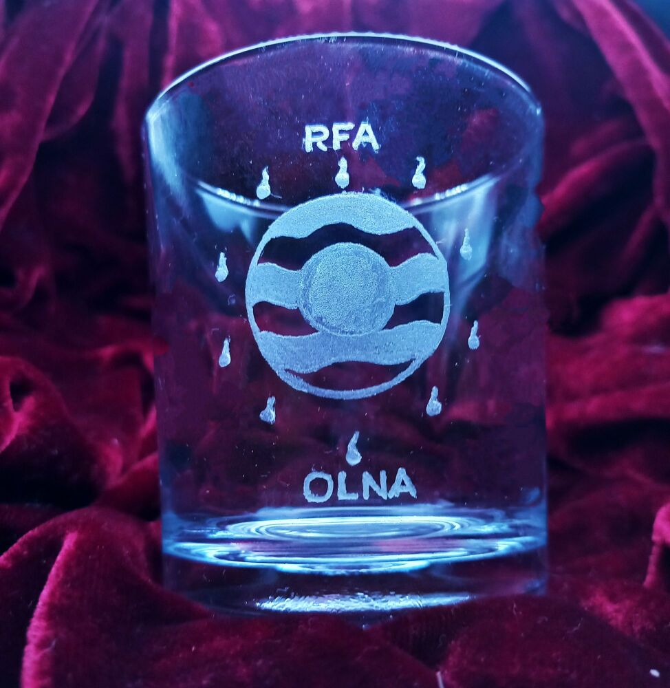 B. Royal Feet Auxiliary ships badge on discontinued mixer glass RFA Olna
