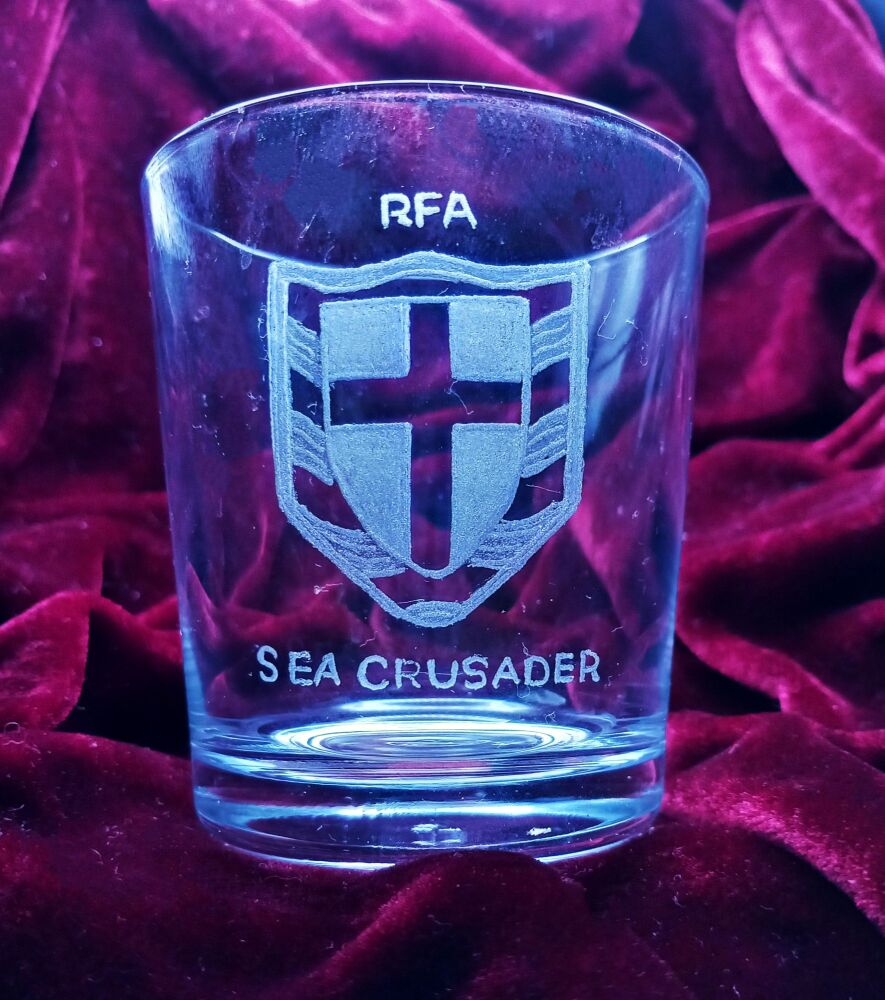 B. Royal Feet Auxiliary ships badge on discontinued mixer glass RFA Sea Cru