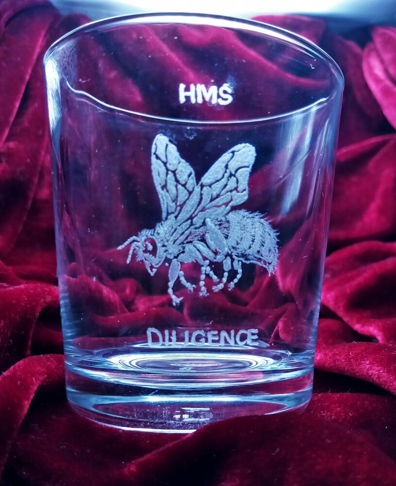 A. Royal Navy ships badge on discontinued mixer glass HMS Diligence