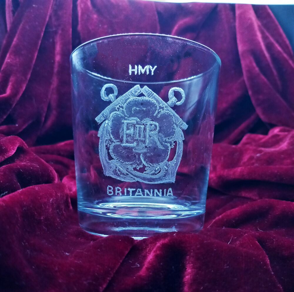 A. Royal Navy ships badge on discontinued mixer glass HMY Britannia