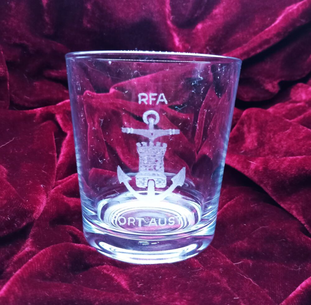 B. Royal Feet Auxiliary ships badge on discontinued mixer glass RFA Fort Au