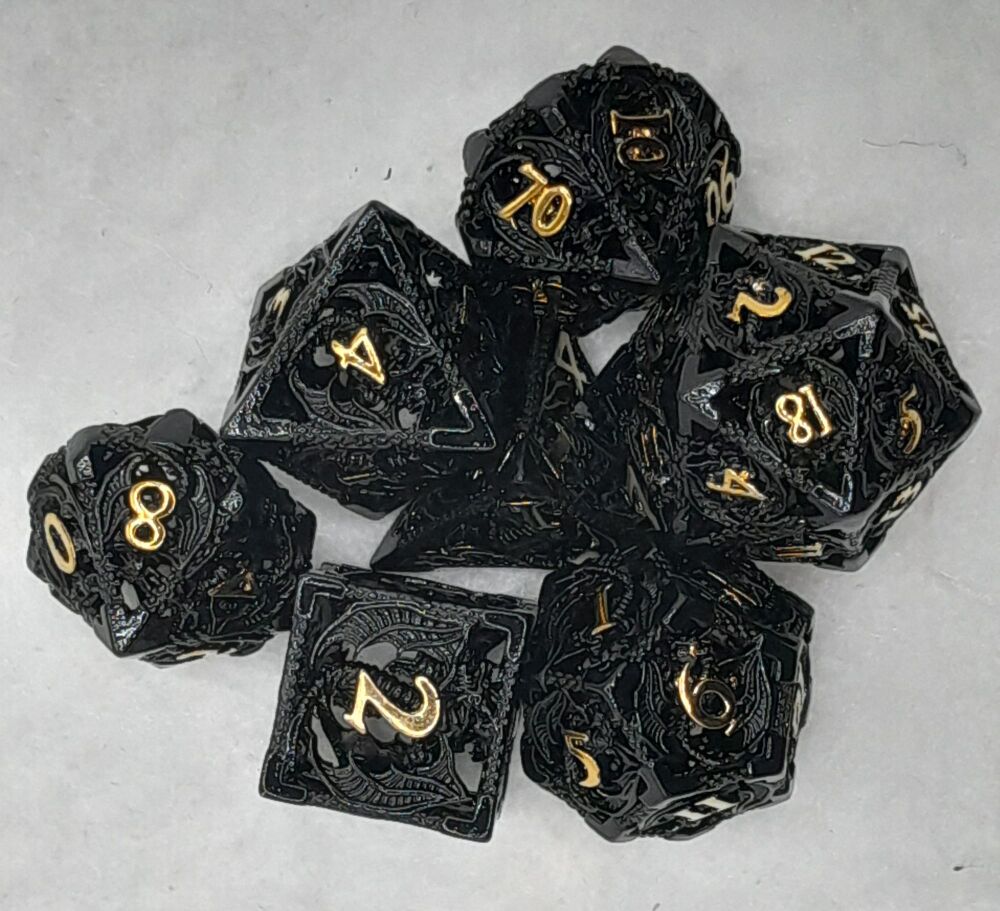 Dungeons and Dragons gaming hollow dice set gold on black effect