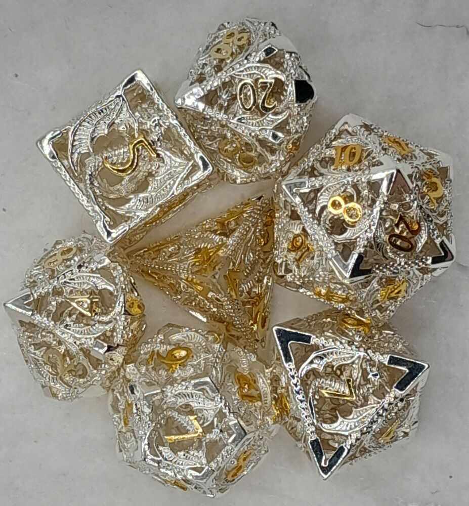 Dungeons and Dragons gaming hollow dice set gold on silver effect