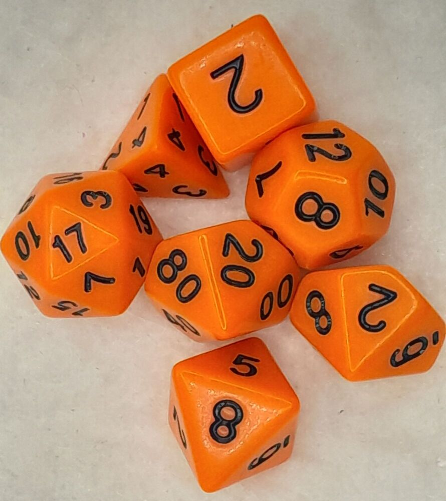Dungeons and Dragons gaming plastic dice set black on orange