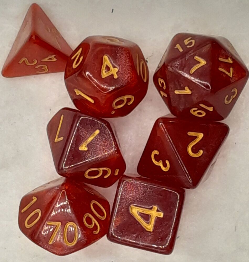 Dungeons and Dragons gaming plastic dice set gold on ruby